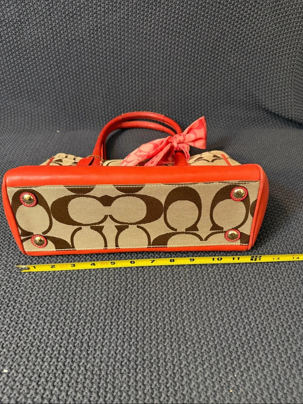 Coach Beige Signature Satchel with Coral Leather Trim and Coral Scarf